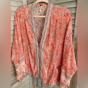 FREE PEOPLE Coral and Soft pink multi color floral print lightweight bomber